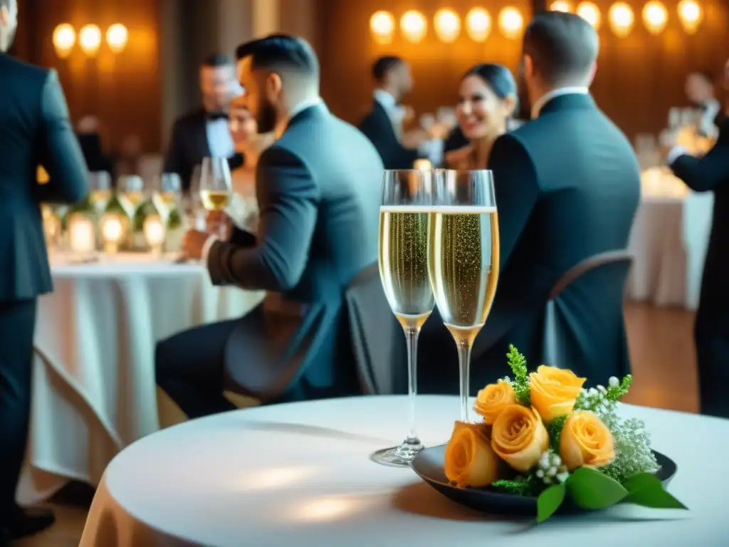 Una elegante celebración gastronómica con champagne para eventos, mesas decoradas y ambiente sofisticado