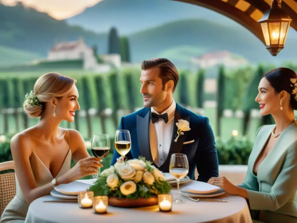 Una elegante cena al aire libre en un encantador chateau francés rodeado de viñedos