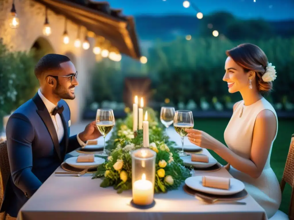 Una elegante cena PopUp de gastronomía francesa en un jardín, con comensales disfrutando bajo las estrellas