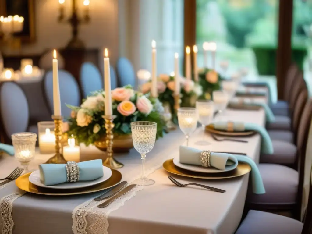 Una elegante decoración de eventos gastronomía francesa con mesa delicadamente adornada y comensales vestidos elegantemente