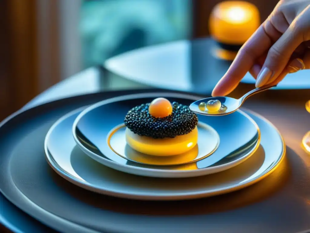 Una elegante degustación de caviar francés en una mesa lujosa con vajilla fina y cristalería, resplandeciendo bajo la luz de un candelabro