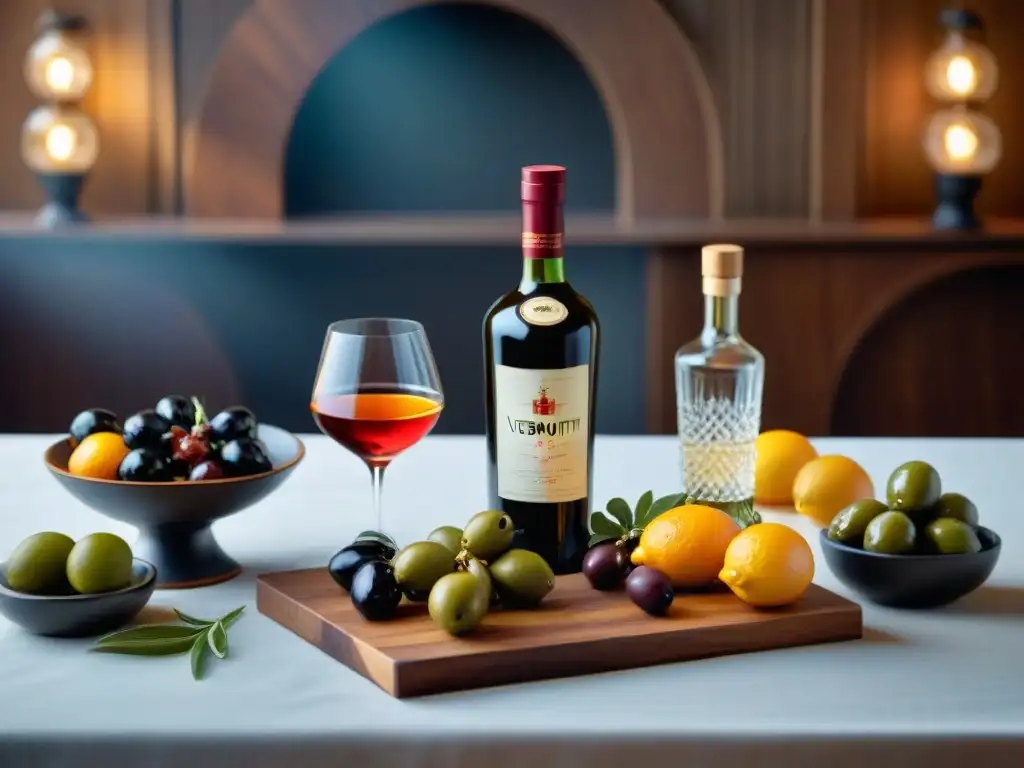 Una elegante degustación de vermut francés y gastronomía en una mesa de madera exquisitamente montada