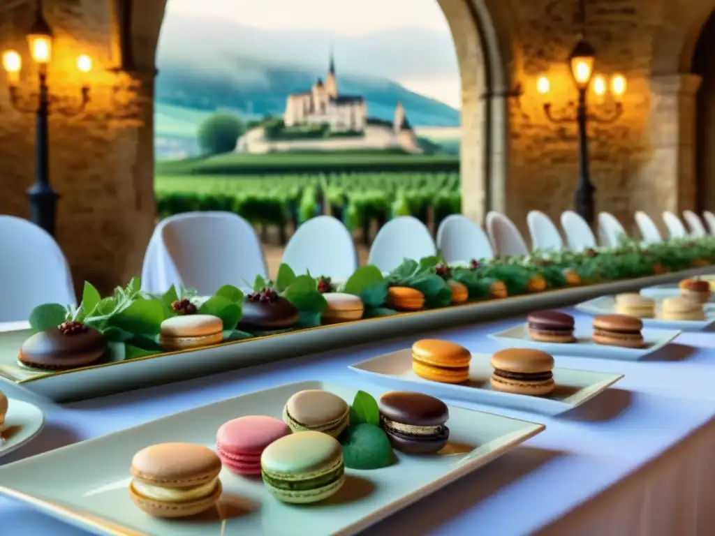 Una elegante escena de evento gastronómico exclusivo en Francia con chefs preparando exquisitas delicias y huéspedes elegantes