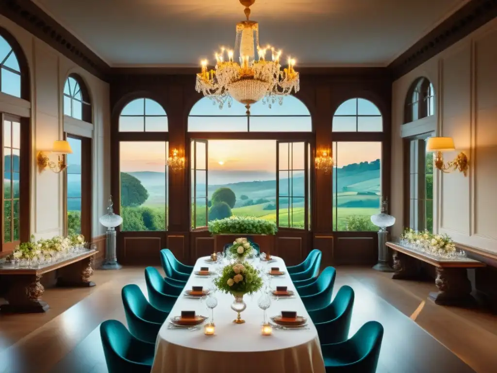 Una elegante escena de gastronomía francesa en Château Francés, con una mesa de madera finamente decorada y comensales disfrutando de una cena refinada bajo la luz cálida de candelabros ornamentales