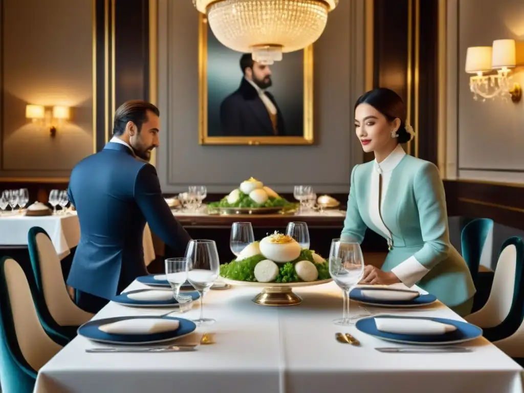 Elegante escena en un restaurante con estrellas Michelin en Francia, mostrando maridajes perfectos en gastronomía francesa