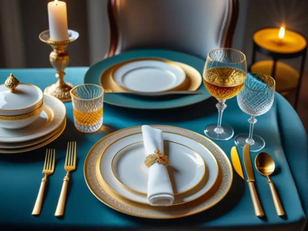 Un elegante escenario de cena francesa con vajillas de lujo para cena francesa en una mesa finamente decorada