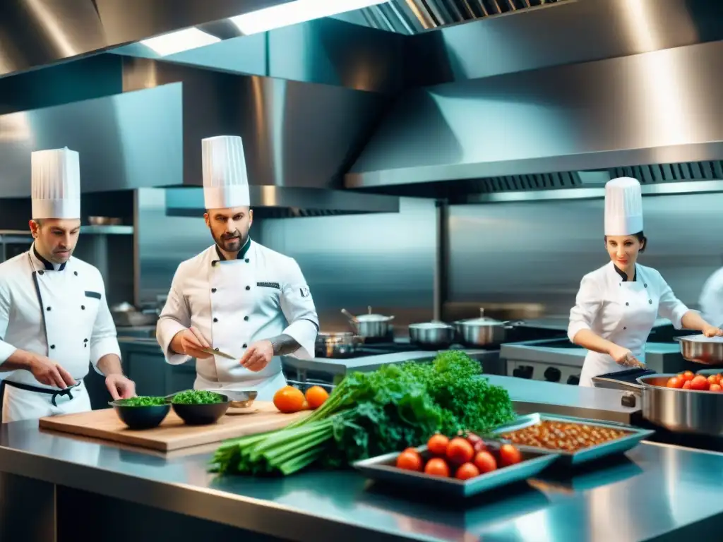 Cocina francesa sofisticada: chefs preparando platos con precisión y pasión Un elegante escenario de cocina francesa con chefs preparando platos, reflejando pasión y precisión