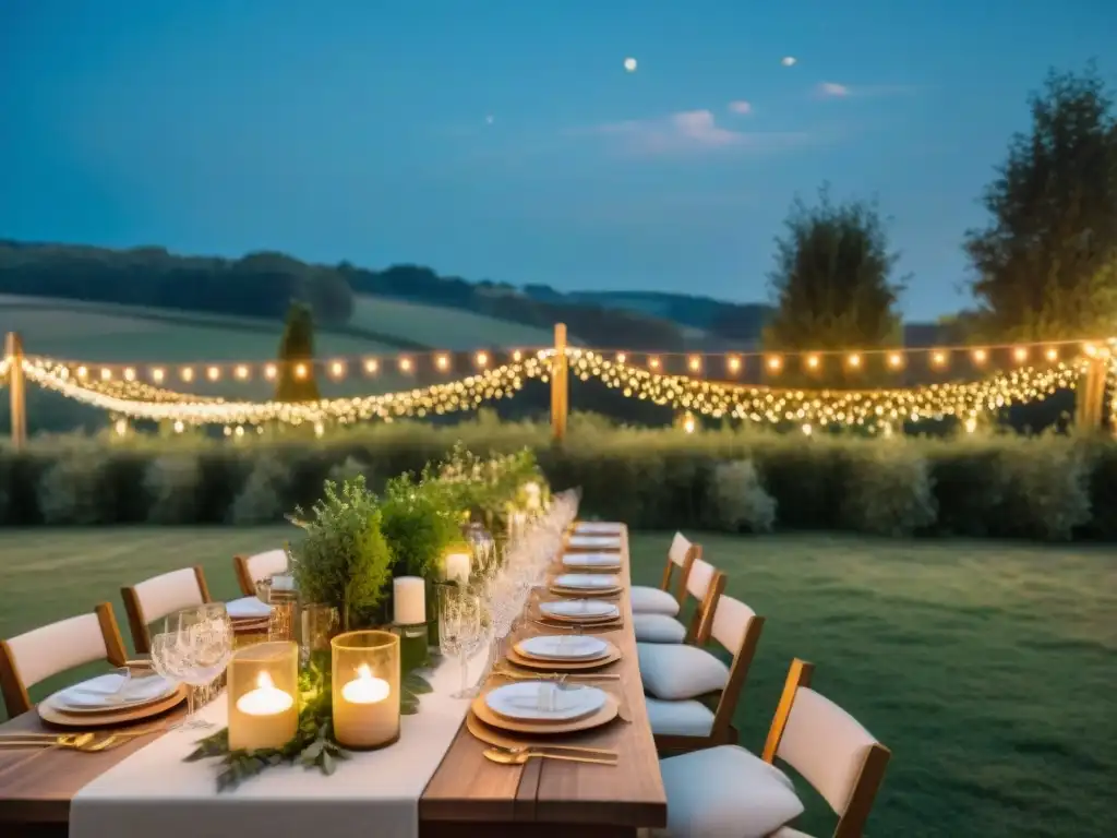 Un elegante evento al aire libre francés bajo las estrellas, decorado con luces y detalles dorados en la campiña