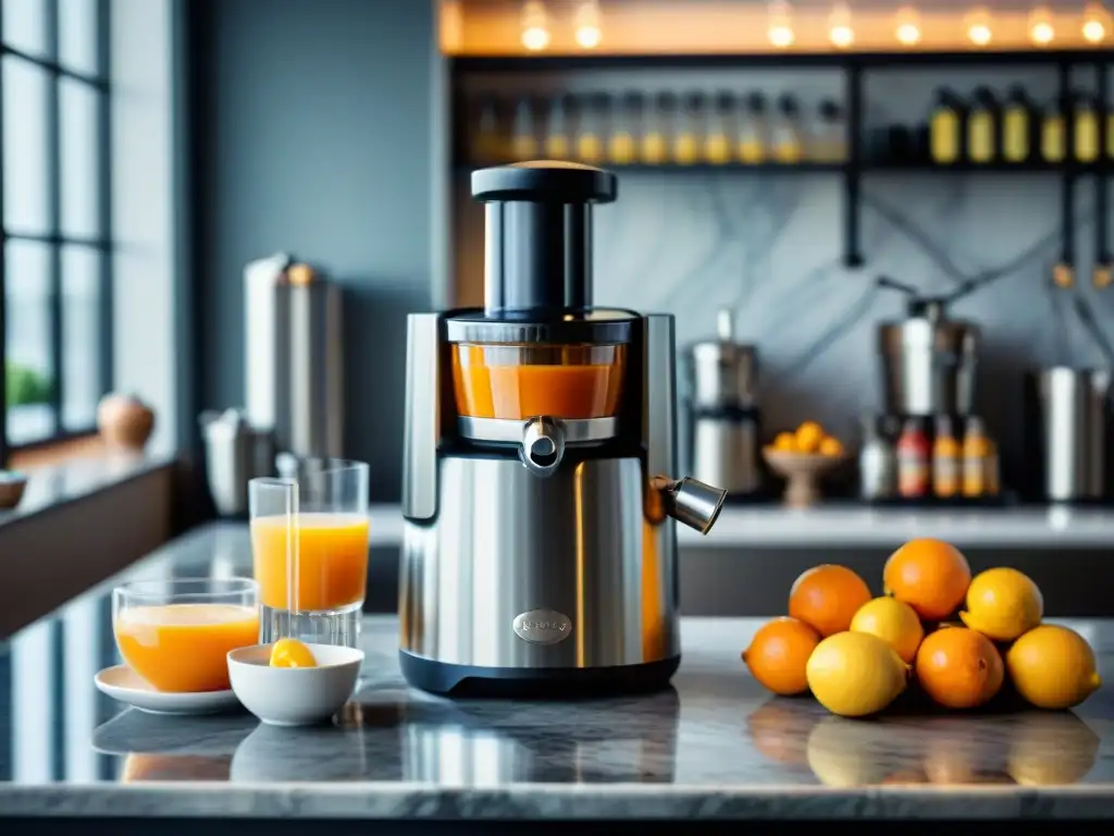 Un elegante exprimidor de alta gama francés en un sofisticado café, rodeado de frutas frescas y luz natural suave