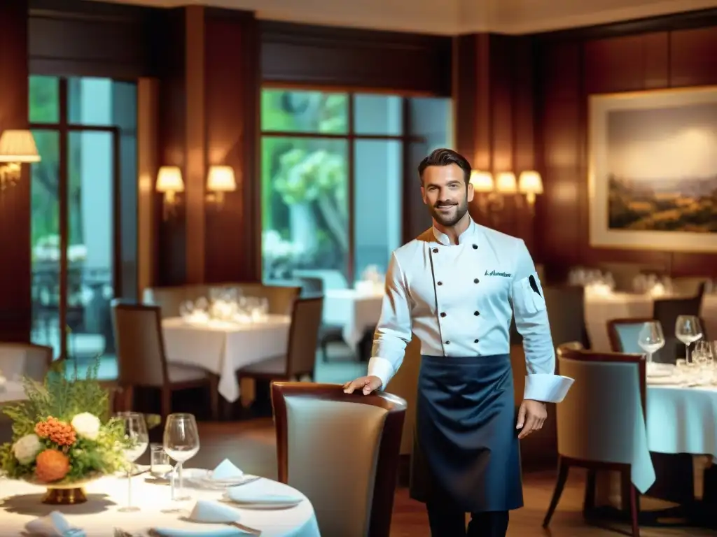 Elegante gestión de hospitalidad en Francia en un restaurante refinado con mesas elegantes, personal atento y chef talentoso