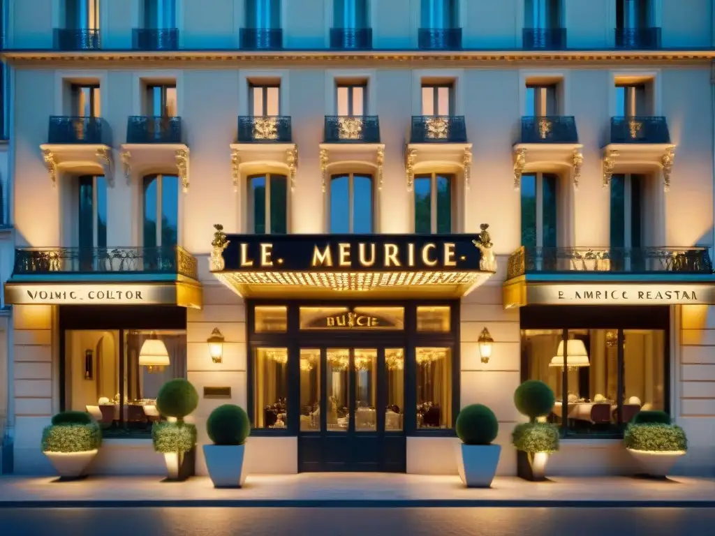 Elegante identidad visual para restaurantes franceses en la fachada de Le Meurice en París al atardecer