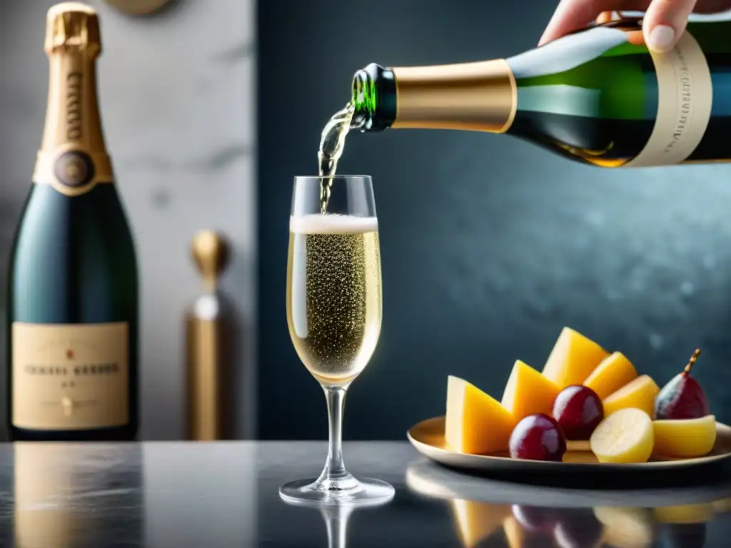 Un elegante maridaje con Champagne innovadores: burbujeante copa de champagne, delicadamente vertido, en una sofisticada sala de cata