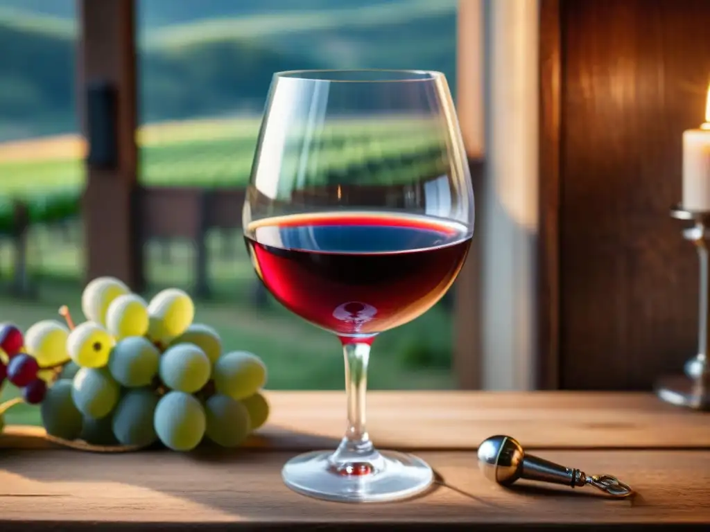 Un elegante maridaje de vinos y música en Francia: copa de cristal con vino tinto Bordeaux sobre mesa de madera y tocadiscos vintage al fondo