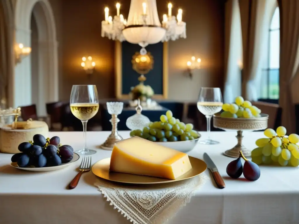 Elegante mesa de banquete del Siglo XIX Francia con vinos, quesos y luces doradas