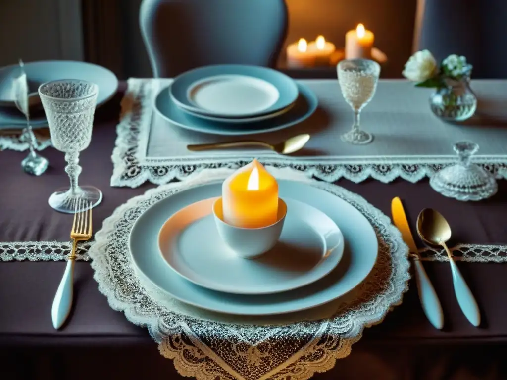 Elegante mesa de cena francesa con fina vajilla, cristalería, cubertería de plata y arreglos florales, iluminada por velas, transmitiendo sofisticado protocolo de mesa cena francesa