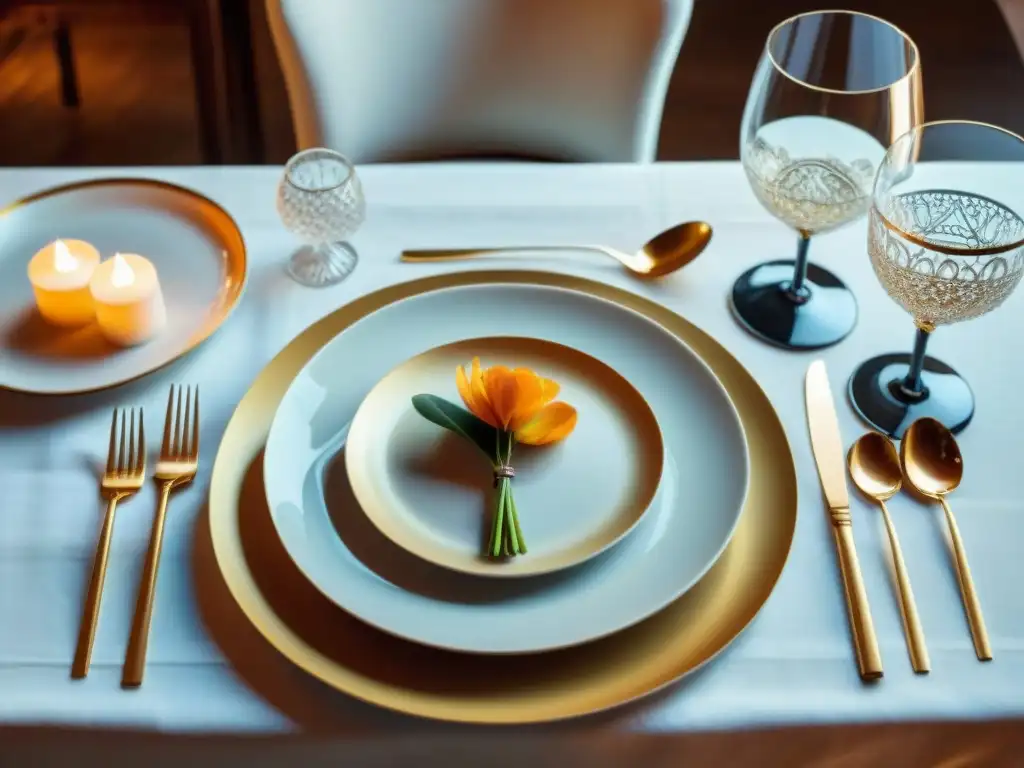 Elegante mesa de cena francesa con porcelana, cubertería y cristalería fina, iluminada por suave luz de velas