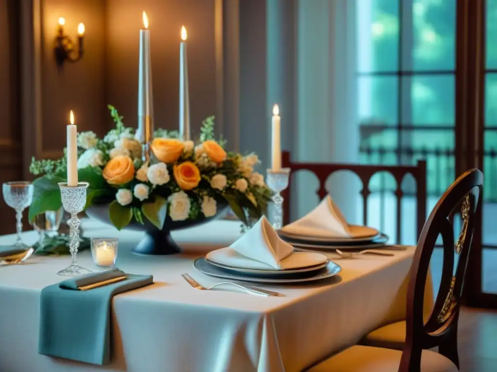 Una elegante mesa de cena francesa con vajilla fina, cubiertos de plata, cristalería y arreglos florales