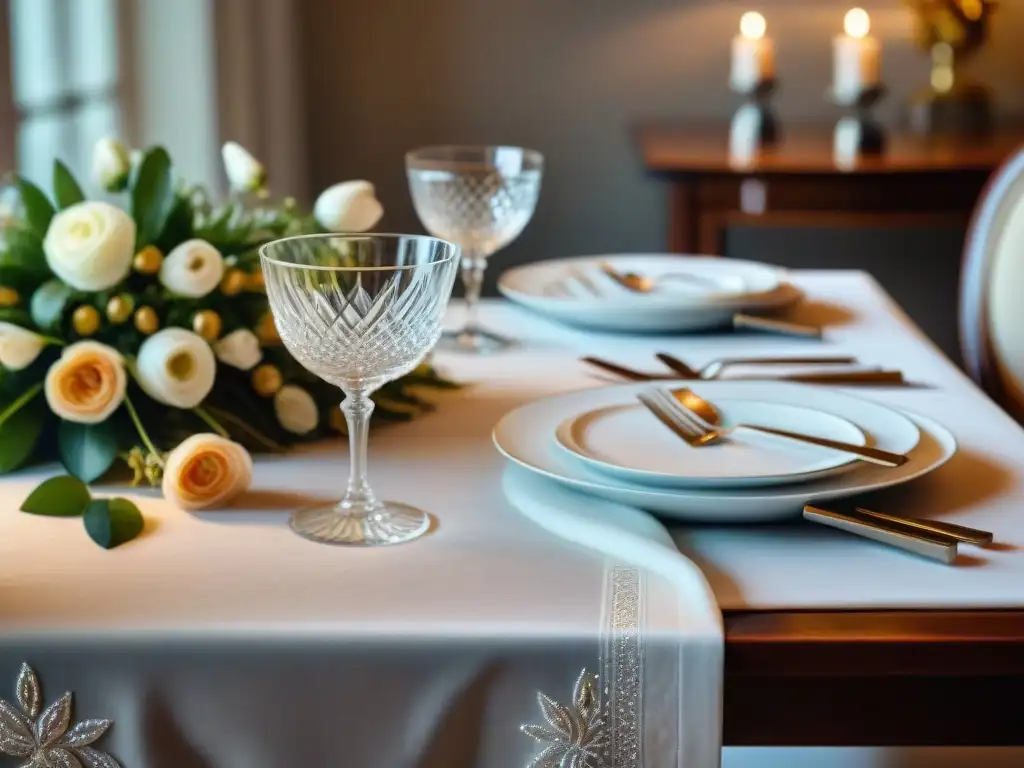 Elegante mesa de comedor francesa con fina vajilla y cristalería, evocando la sofisticación y refinamiento de las costumbres gastronómicas francesas