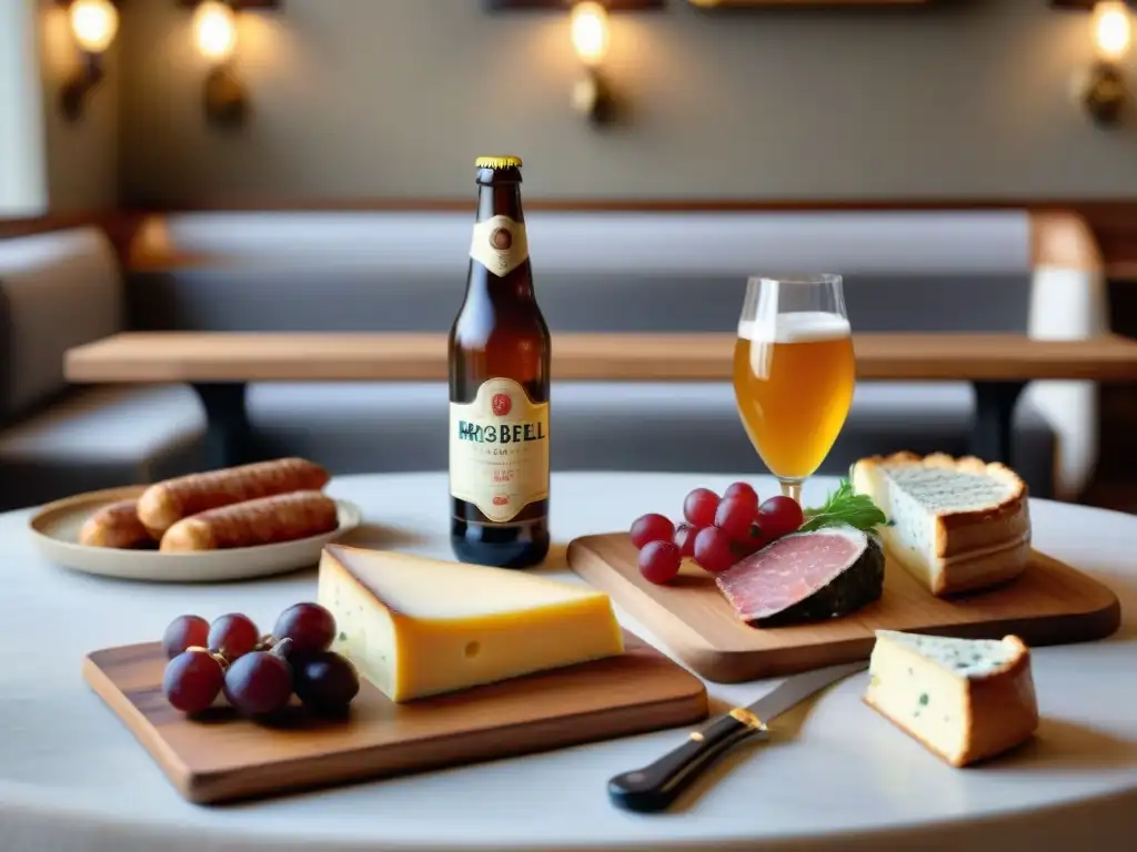 Elegante mesa francesa con cervezas artesanales y delicias gastronómicas