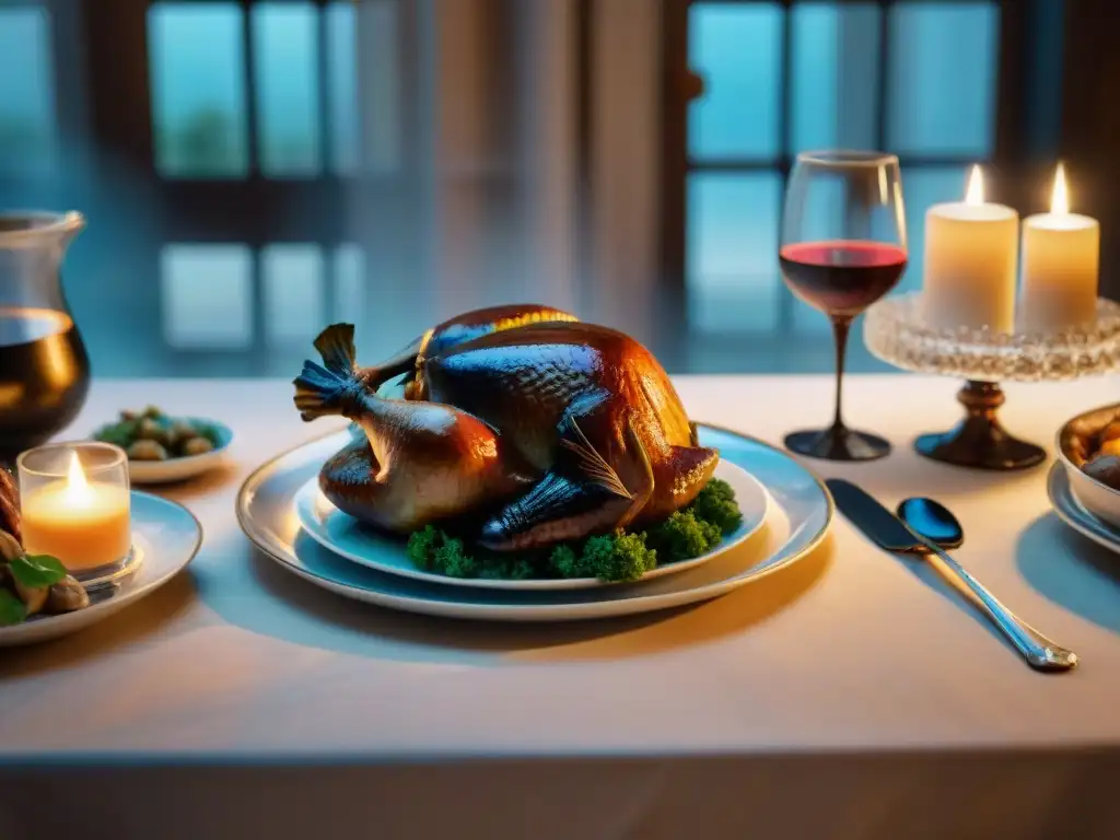 Una elegante mesa francesa con exquisitos platillos como coq au vin y escargot, en un ambiente sofisticado con influencia cultural literaria