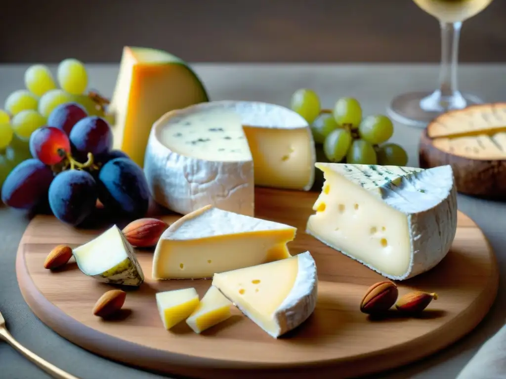 Una elegante mesa de madera rústica llena de quesos franceses como Brie y Roquefort, acompañados de vinos finos en copas