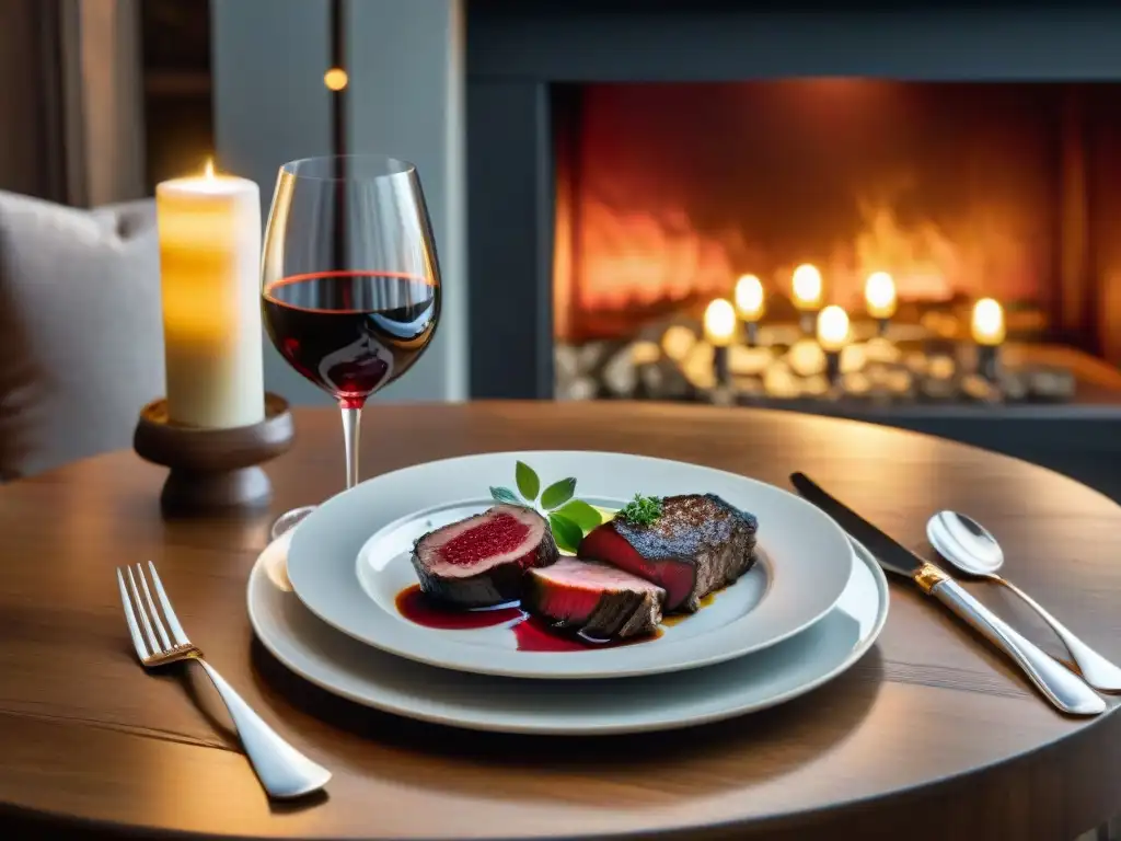 Una elegante mesa de madera rústica preparada con cristalería, cubiertos de plata y exquisitos platos de caza, maridaje vinos Burdeos y platos de caza