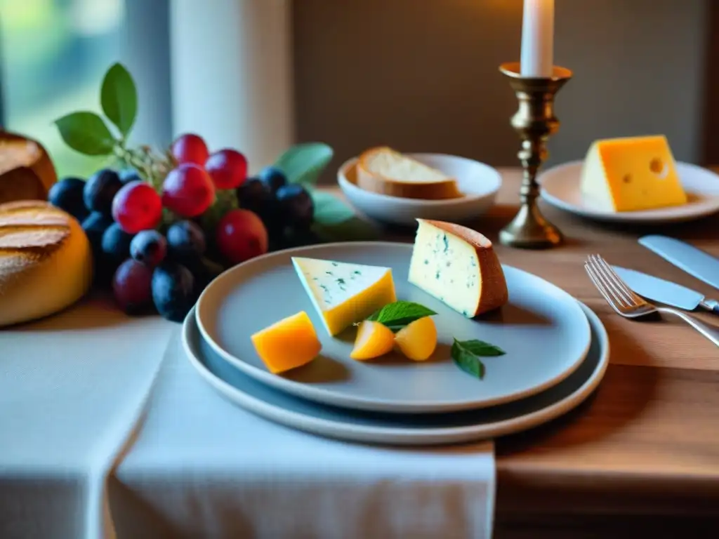 Decoración elegante de mesa con queso francés refinado, pan artesanal, frutas frescas y arreglos florales delicados