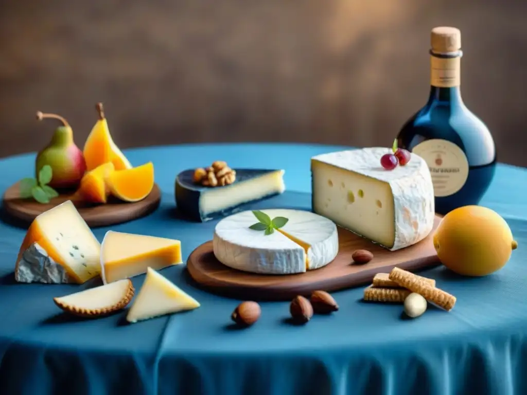 Elegante mesa de queso francés refinado, con variedad de quesos, frutas y frutos secos, creando una atmósfera sofisticada