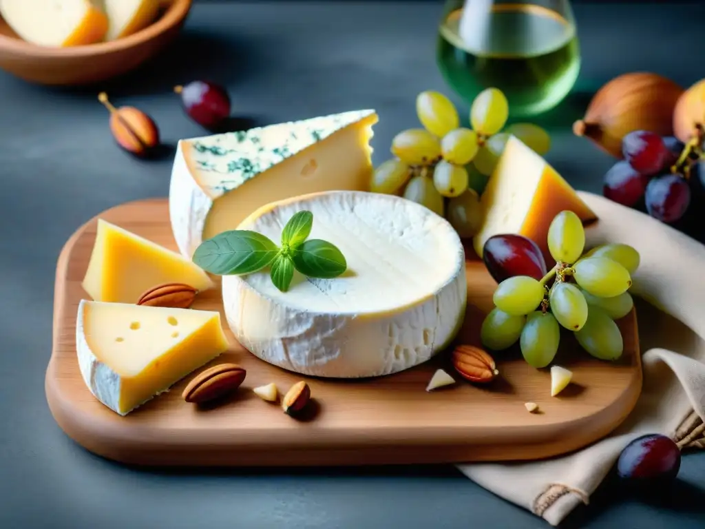 Decoración elegante mesa con queso francés refinado y acompañamientos exquisitos