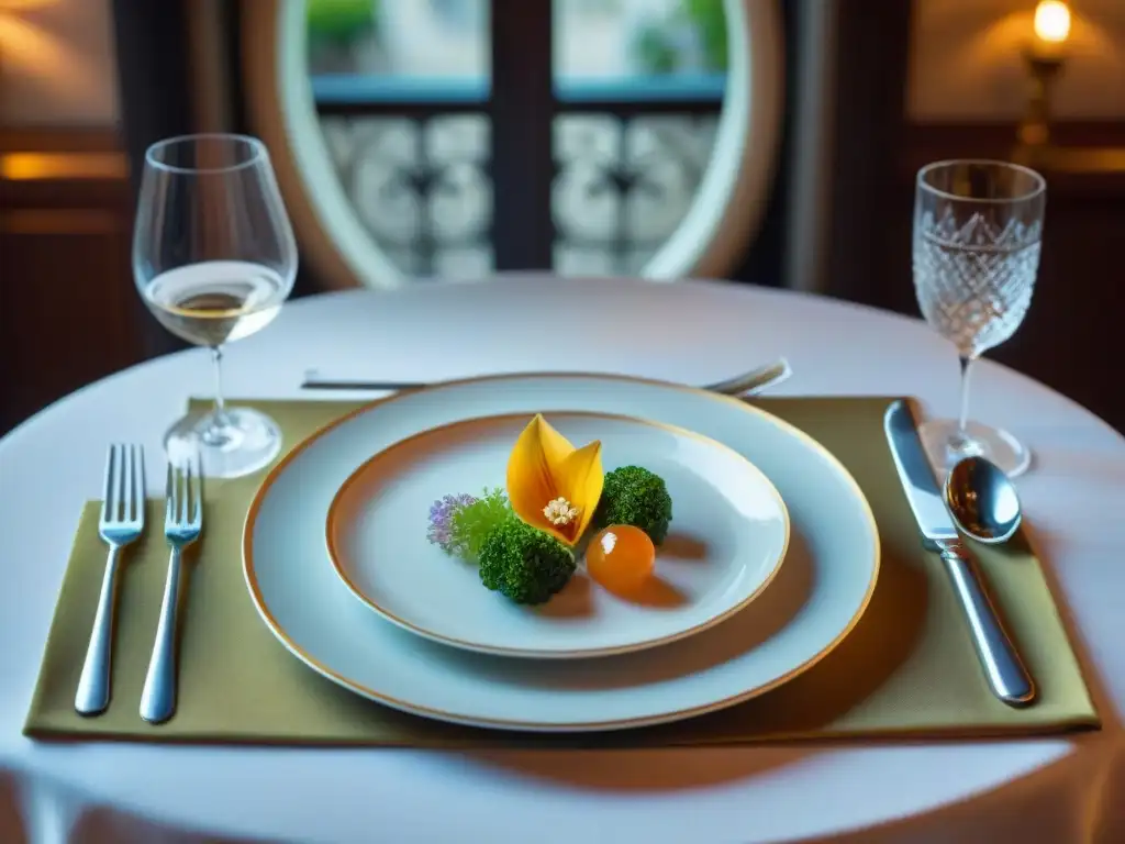 Elegante mesa en restaurante de París, con vajilla fina y delicados arreglos florales