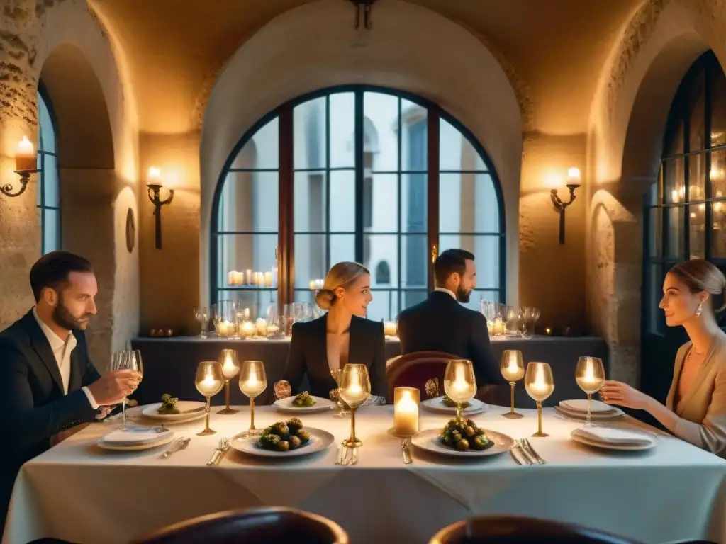 Un elegante y misterioso comedor subterráneo en Francia, iluminado por velas con exquisiteces francesas y comensales animados