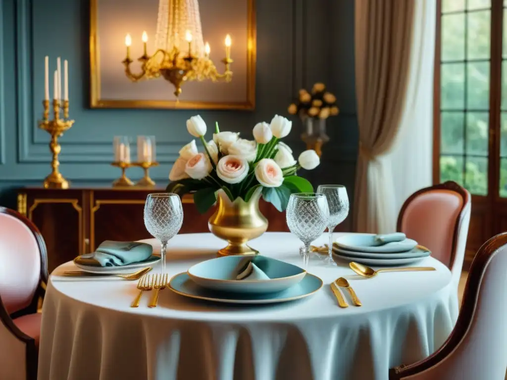 Mesa de comedor francés: elegancia y sofisticación Un elegante montaje de mesa al estilo francés culinario con detalles sofisticados y opulentos