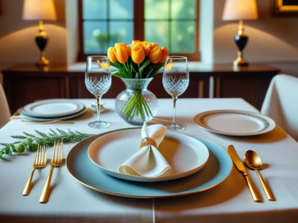 Un elegante montaje de mesa estilo francés con vajilla de porcelana y cubiertos de plata, en un comedor decorado con sofisticación