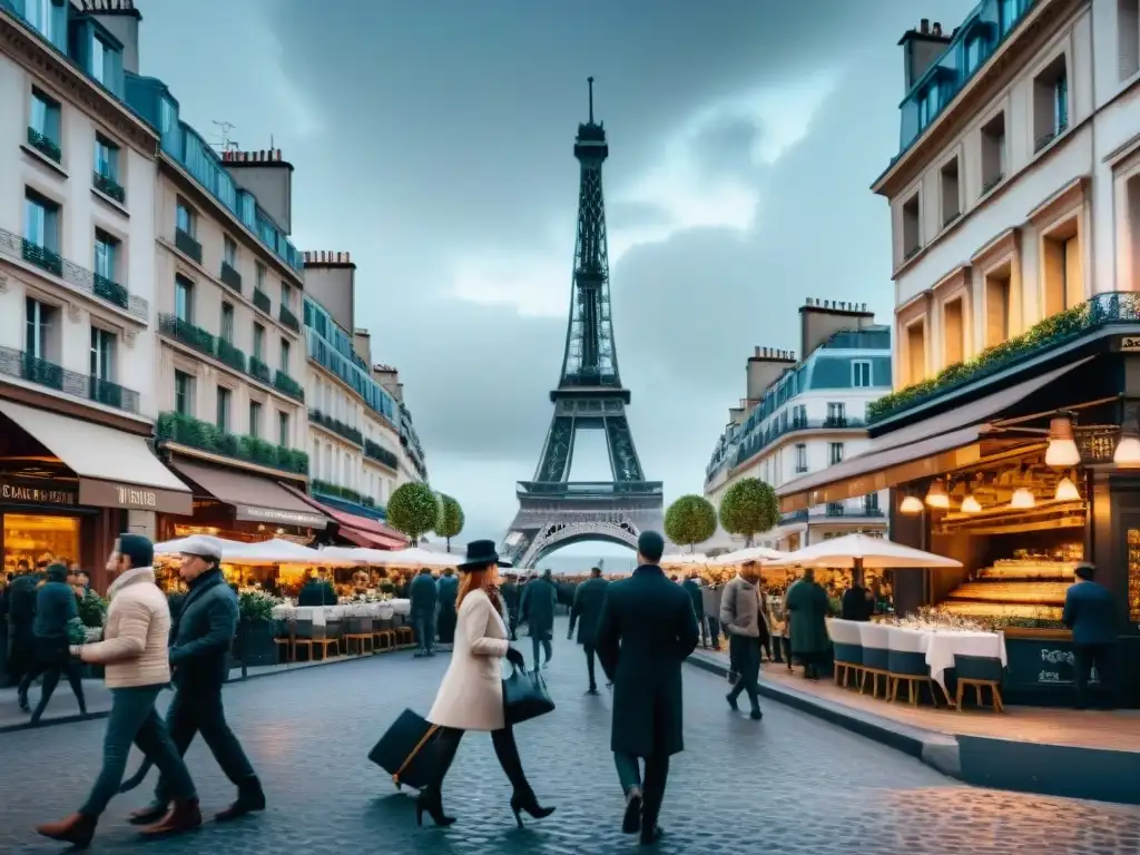 Una elegante multitud pasea por las bulliciosas calles parisinas en blanco y negro, con la icónica Torre Eiffel de fondo