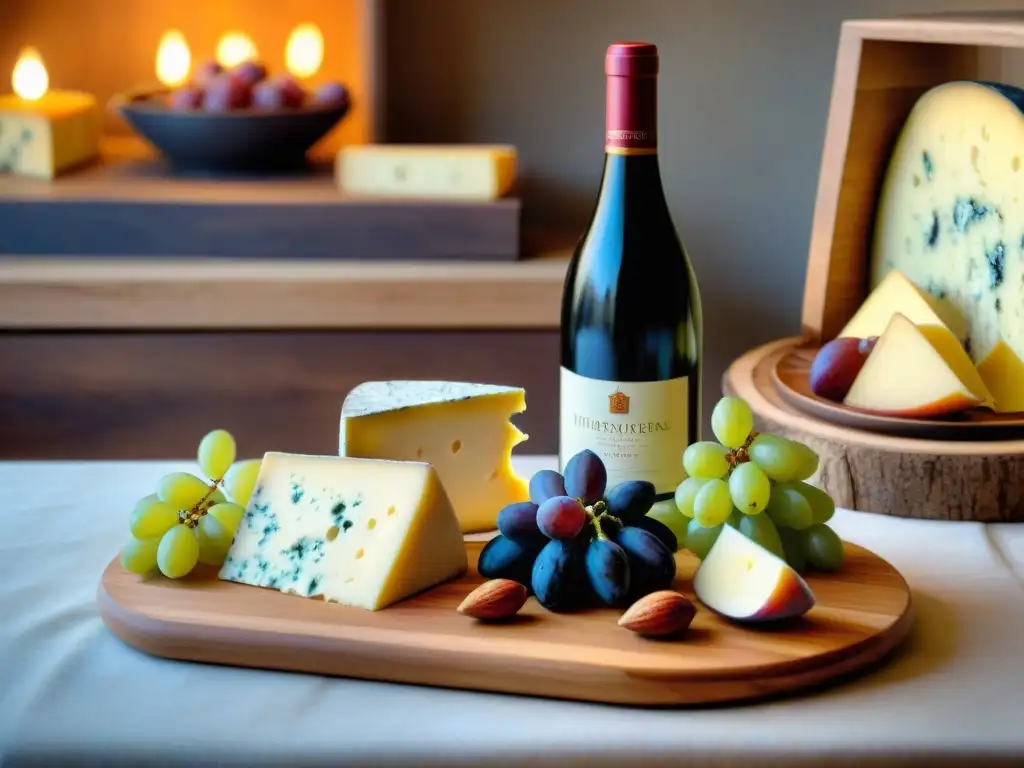 Una elegante presentación de vinos y quesos franceses en mesa rústica