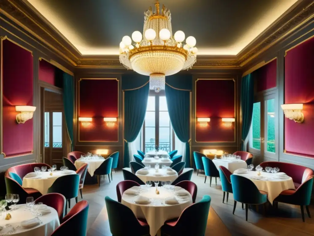 Un elegante restaurante estrella Michelin en Francia, con decoración opulenta y atmósfera sofisticada