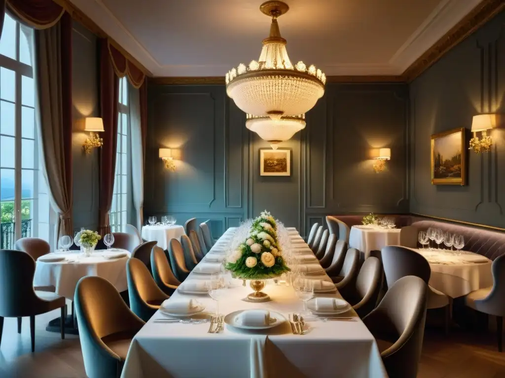 Un elegante restaurante estrella Michelin en Francia, con mesa finamente decorada y ambiente lujoso