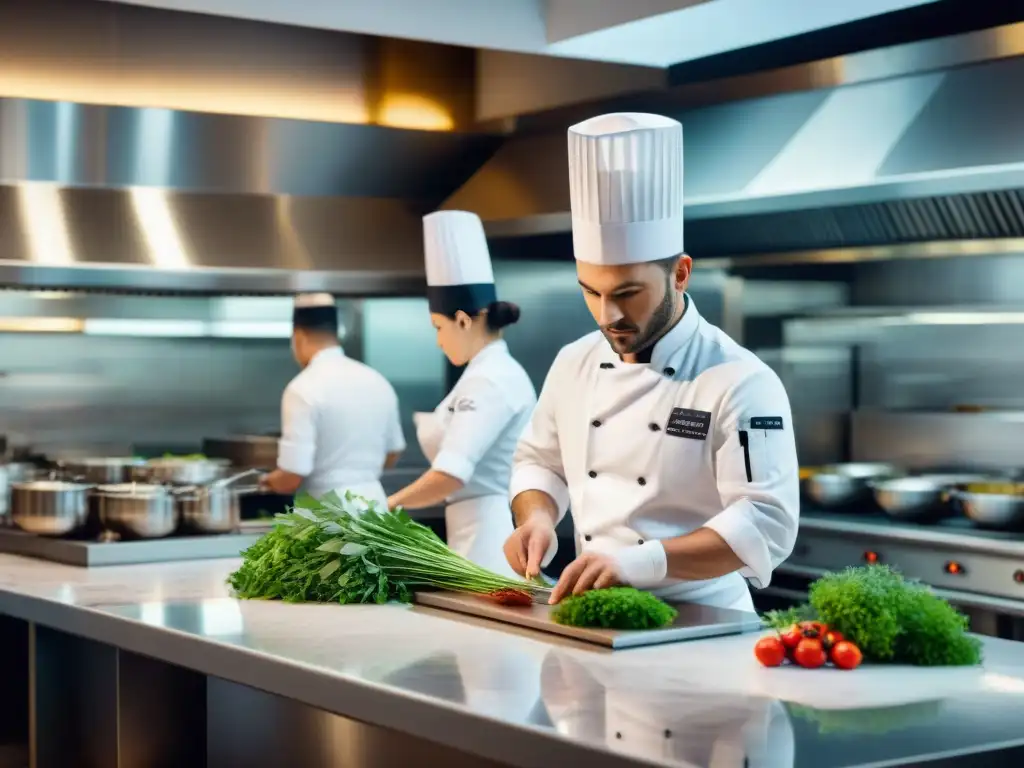 Un elegante restaurante francés con estrella Michelin, chefs preparando platillos exquisitos