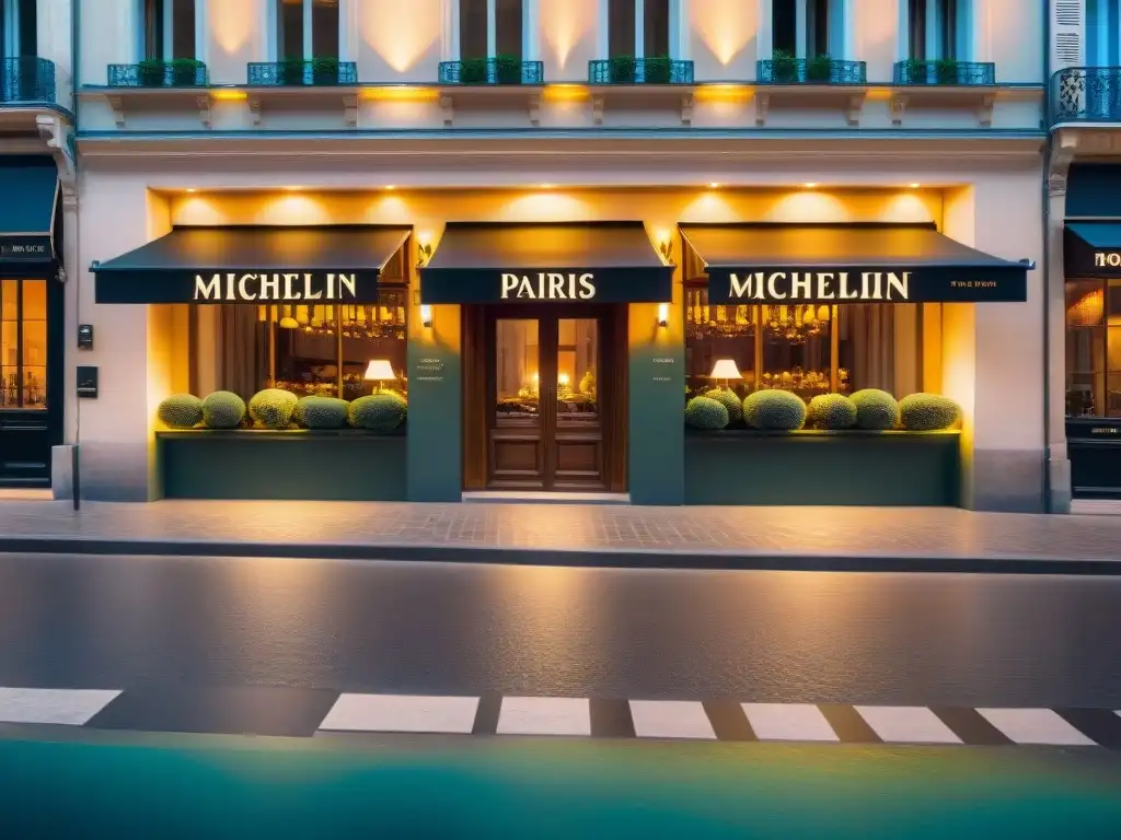 Un elegante restaurante francés estrella Michelin en París durante la noche, irradiando luces cálidas