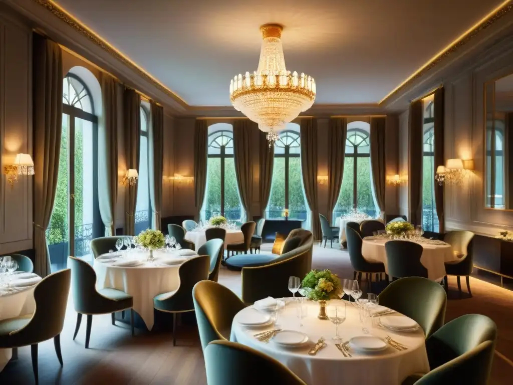 Un elegante restaurante francés con tres estrellas Michelin, con una decoración lujosa y un ambiente sofisticado