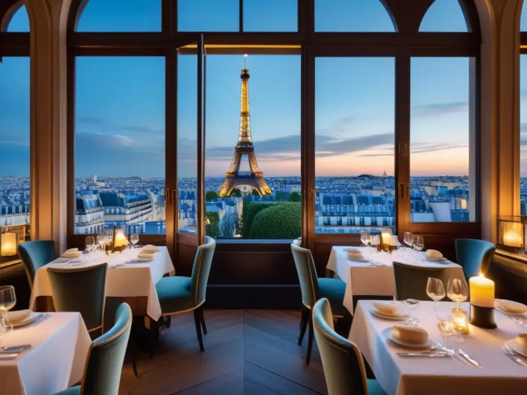 Un elegante restaurante francés de estrellas Michelin en París en una noche estrellada con la Torre Eiffel al fondo