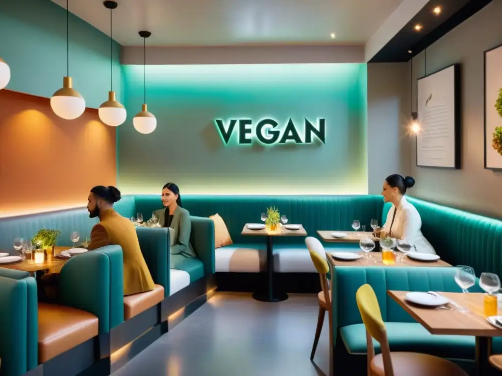 Un elegante restaurante vegano francés innovador con ambiente moderno y platos exquisitos