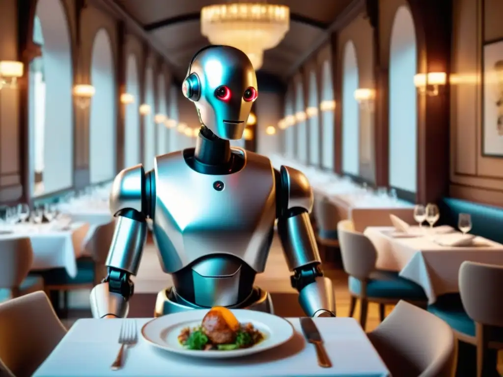 Un elegante robot camarero en un restaurante francés, sirviendo alta cocina con tecnología avanzada