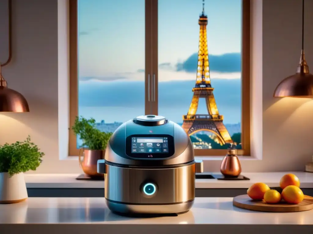 Un elegante robot de cocina preparando un clásico plato francés en una cocina chic de París