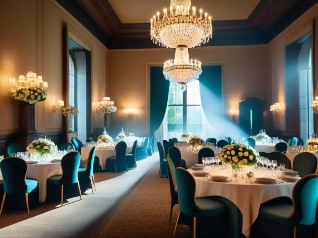 Elegante salón de baile en un castillo francés, con mesas decoradas y siluetas de invitados bajo la luz de candelabros de cristal