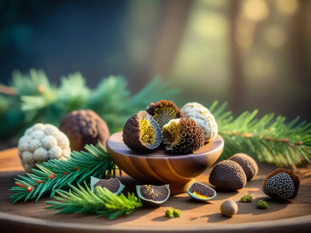 Una elegante selección de trufas gourmet en una mesa de madera rústica, resaltando la autenticidad y conservación