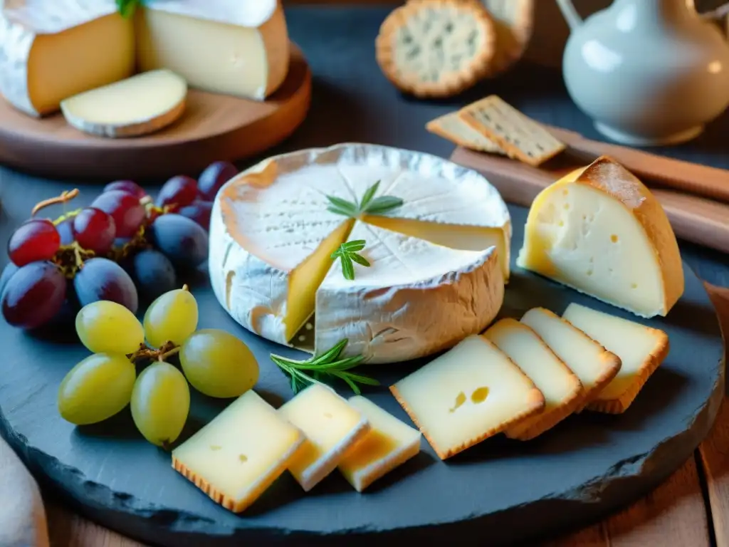 Una elegante tabla de madera rústica con un Camembert de Normandía tradicional rodeado de uvas, galletas y hierbas frescas