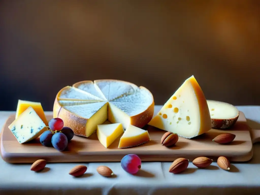 Una elegante tabla de madera con Sabor del Crottin de Chavignol rodeado de quesos, uvas, nueces y miel, bañados por luz natural