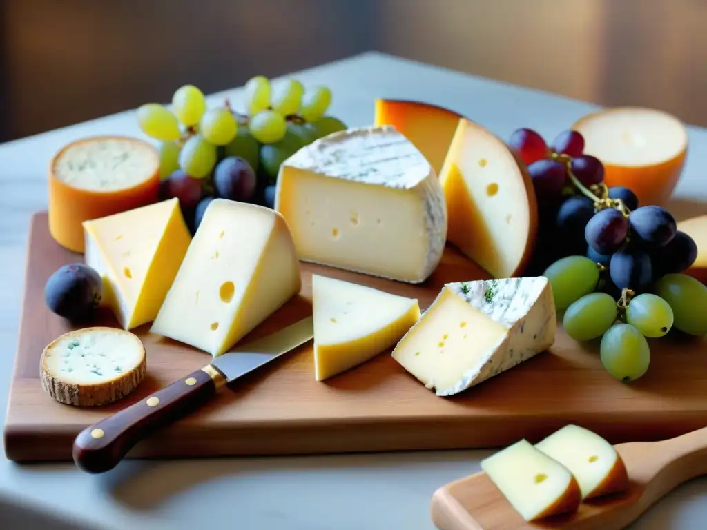 Una elegante tabla de quesos franceses con maridaje de vinos, destaca la textura y color de Brie, Camembert, Roquefort y Comté