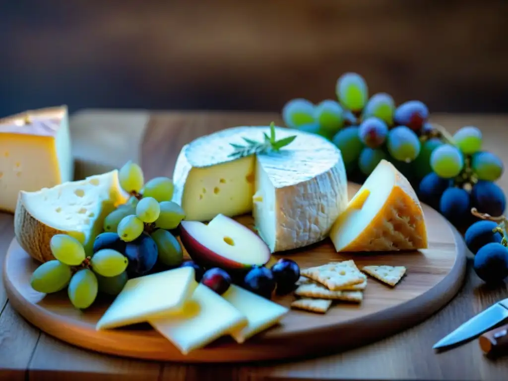 Una elegante tabla de quesos franceses con uvas, higos y crackers, ideal para maridaje con vinos franceses